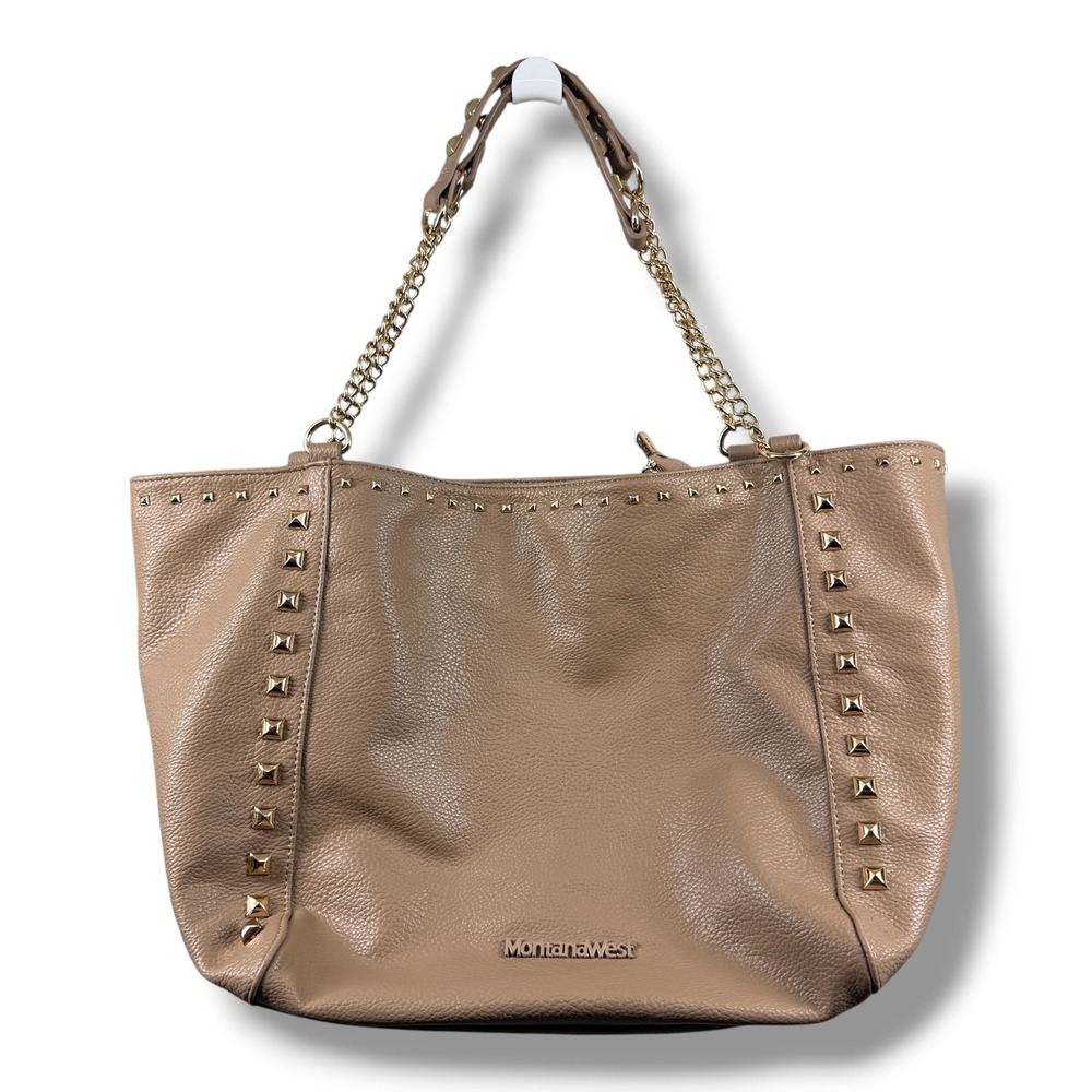 Montana West Tan Pebbled Faux Leather Studded Chain Tote Bag Shoulder Purse